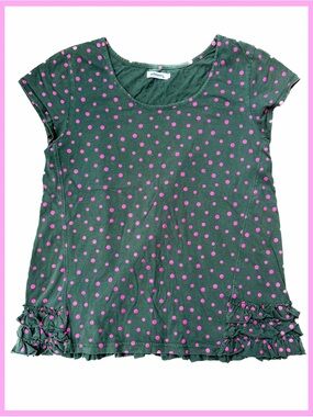 Boden Johnnie B Dark Green Pink Polka Dot Ruffle Top large 13 14 Girl Shirt NEW